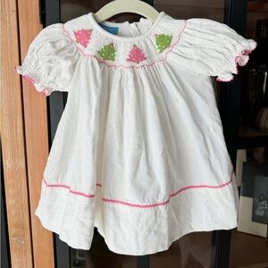 Anavini Christmas trees smock dress corduroy puff sleeves ruffles baby girl pink